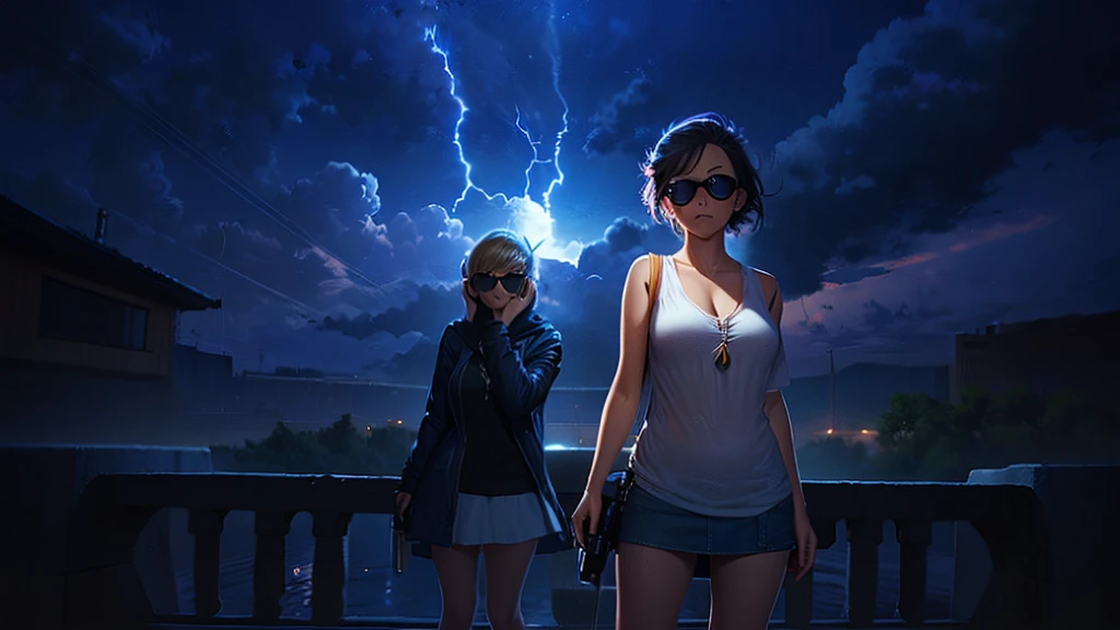 ​masterpiece, background with ((Fantastic Great Storm, lightning bolt, lightning, plural, very heavy rain)), Depth ((Planets that glow blue)). (((1girl, solo, alone))), large-breast:1.2 slim body, cleavage:1.1, sexy miniskirt, (((headphone, black sunglasses, standing and holding pistol pose))), (((half-body thigh level medium shot))), cinematic lighting, lens flare, ray tracing.