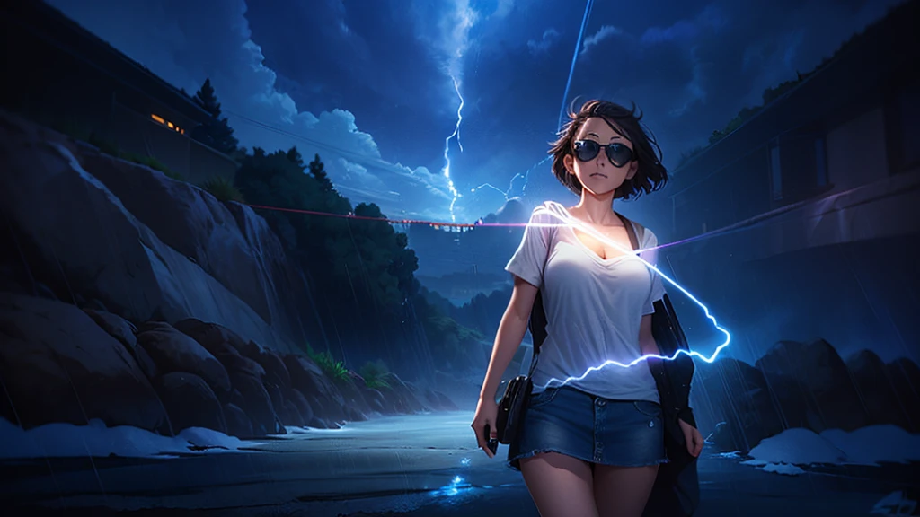 ​masterpiece, background with ((Fantastic Great Storm, lightning bolt, lightning, plural, very heavy rain)), Depth ((Planets that glow blue)). (((1girl, solo, alone))), large-breast:1.2 slim body, cleavage:1.1, sexy miniskirt, (((headphone, black sunglasses, standing and holding pistol pose))), (((half-body thigh level medium shot))), cinematic lighting, lens flare, ray tracing.
