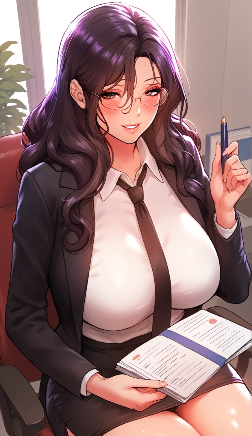score_9, score_8_up, score_7_up, score_6_up, score_5_up, score_4_up, yu hee, brown eyes, black hair, long hair, large breasts, mature woman, 1girl, long_hair, blush, sweat, purple_eyes, brown_hair, lips, purple_hair, smile, solo, shirt, skirt, pencil skirt, white shirt, office lady, office suit, office, indoors, Suit, Tie, blazer, Secretary, glasses, chair, Document, holding document, curvy