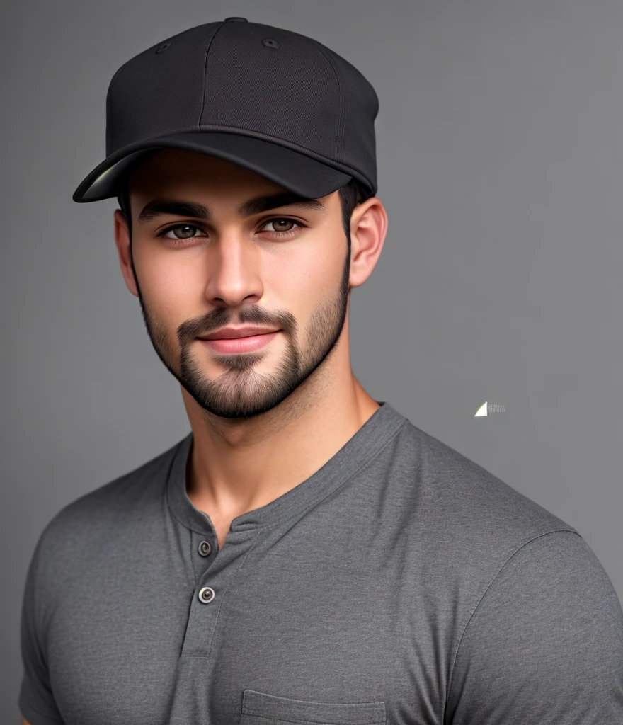 an incredibly handsome and hot young man aged 30 with short dark brown hair and brown eyes, angular jaw, box face, stubble beard, tall and lean, wearing a casual shirt and a cap. dark grey background and studio lighting, yearbook pose, character close-up, character headshot portrait, character close-up.
