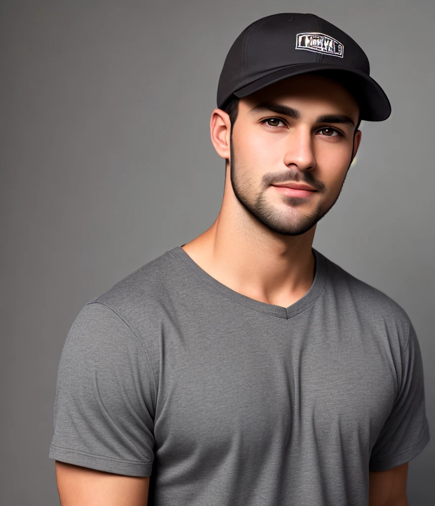 an incredibly handsome and hot young man aged 30 with short dark brown hair and brown eyes, angular jaw, box face, stubble beard, tall and lean, wearing a casual shirt and a cap. dark grey background and studio lighting, yearbook pose, character close-up, character headshot portrait, character close-up.