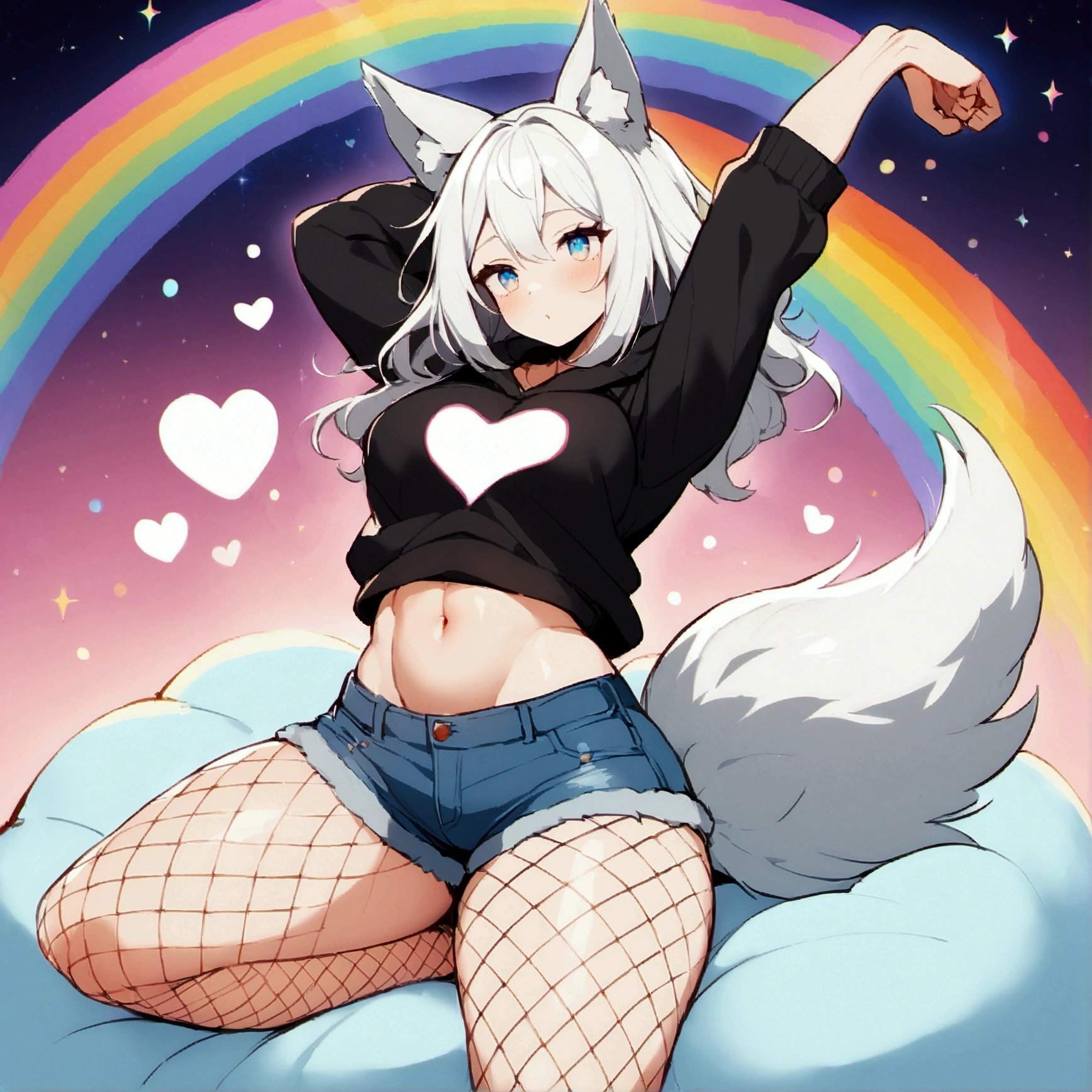 a cute adult male with wolf ears, long white hair, long locks, has a wolf tail, wearing a loose cropped black hoodie, wearing a pair of denim short shorts and fishnet stockings, thick thighs, wide hips, relaxing on mound of fluffy multi colored plushies, short, very slim, showing slender tummy, heart on hoodie, squishy thighs, has glowing blue eyes. alone, solo (ALONE)(SOLO), surrounded by rainbows, colorful galaxy backround, stretching, giggling