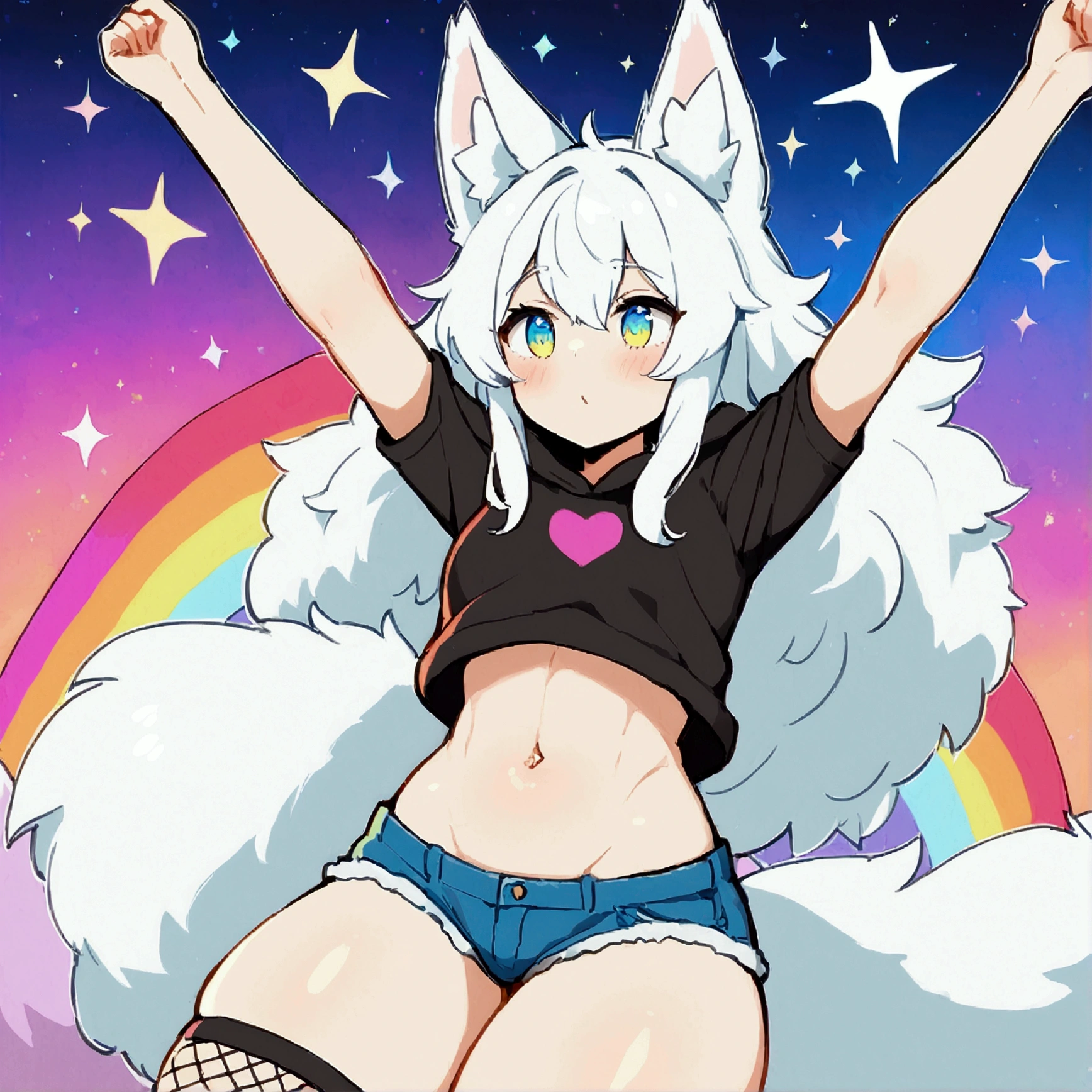 a cute adult male with wolf ears, long white hair, long locks, has a wolf tail, wearing a loose cropped black hoodie, wearing a pair of denim short shorts and fishnet stockings, thick thighs, wide hips, relaxing on mound of fluffy multi colored plushies, short, very slim, showing slender tummy, heart on hoodie, squishy thighs, has glowing blue eyes. alone, solo (ALONE)(SOLO), surrounded by rainbows, colorful galaxy backround, stretching, giggling