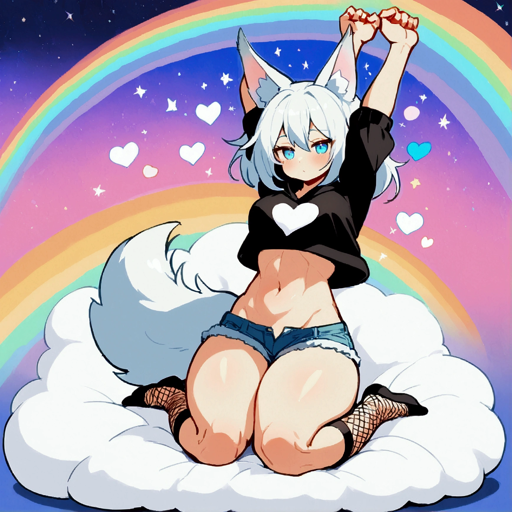 a cute adult male with wolf ears, long white hair, long locks, has a wolf tail, wearing a loose cropped black hoodie, wearing a pair of denim short shorts and fishnet stockings, thick thighs, wide hips, relaxing on mound of fluffy multi colored plushies, short, very slim, showing slender tummy, heart on hoodie, squishy thighs, has glowing blue eyes. alone, solo (ALONE)(SOLO), surrounded by rainbows, colorful galaxy backround, stretching, giggling