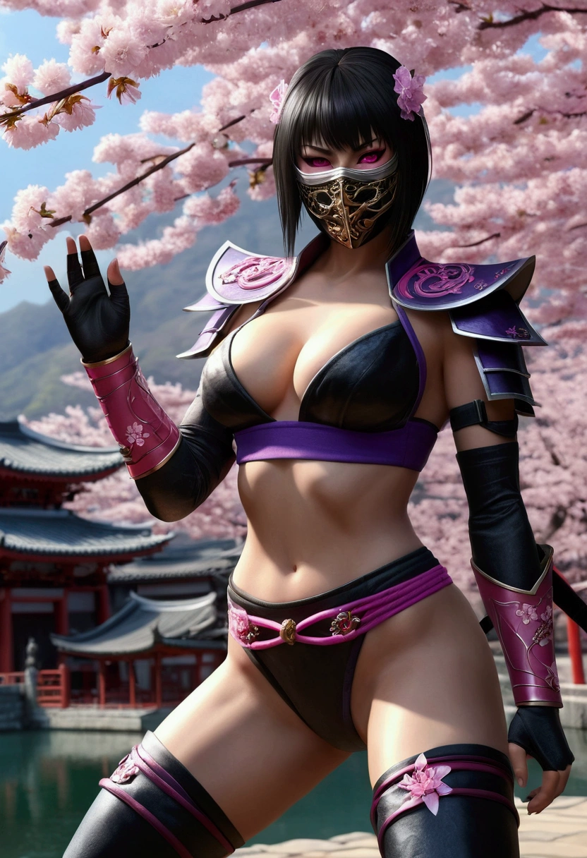 (top quality photo, ultra realistic, 8k, Seductive portraite of (the thousandth), Mortal Combat), close up photography, portraite, (the thousandth wearing máscara de demônio), super gorgeous with angry expression, bright pink eyes, photo taken up close, Normal hands, detailed fingers, work of art, (realistic 8k, photorrealistic: 1.37), realistic detailed, 1 girl, super straight short shoulder length hair: 1 .5, black fur: 1.2, ojos rglare eyes: 1.5, glare eyes, ((the thousandth from Deadly Game kombat)), ninja wearing demon mask, canons, kimono, don, Purple Warrior Micro Swimsuit, ((Mortal Combat)), big and long breasts, Sex posture with legs open, flexible body, curved body, serene gaze, temple, meditation, apocalyptic, (ninja mask), eyes to the sky, reflection anime masks, (photo background: shows clear Policerman, Policerman, cherry blossom flower), perfect hands, she uses sai canons in her hands, sexy ninja hot body,