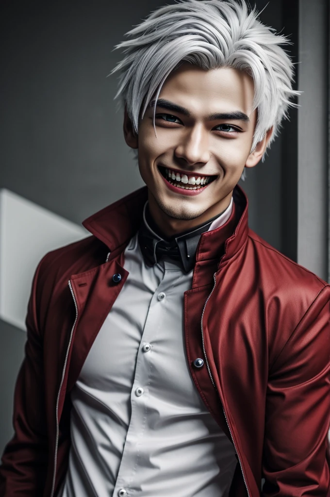 an anime boy... Smile with sharp teeth twisted face.. gray skin. White hair.. Red eyes... And dressed in very dark red.. of 1.78 mts