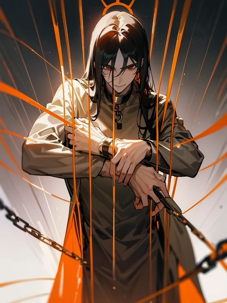 a man, Black long straight hair, dark red eyes, Slender and tall, prisoner, Perfect male body, Looking at the camera, (Orange prison uniform, Hold your arms tight, Smile, cell), portrait, Dramatic shadows, Prisoner, Chained, Cage