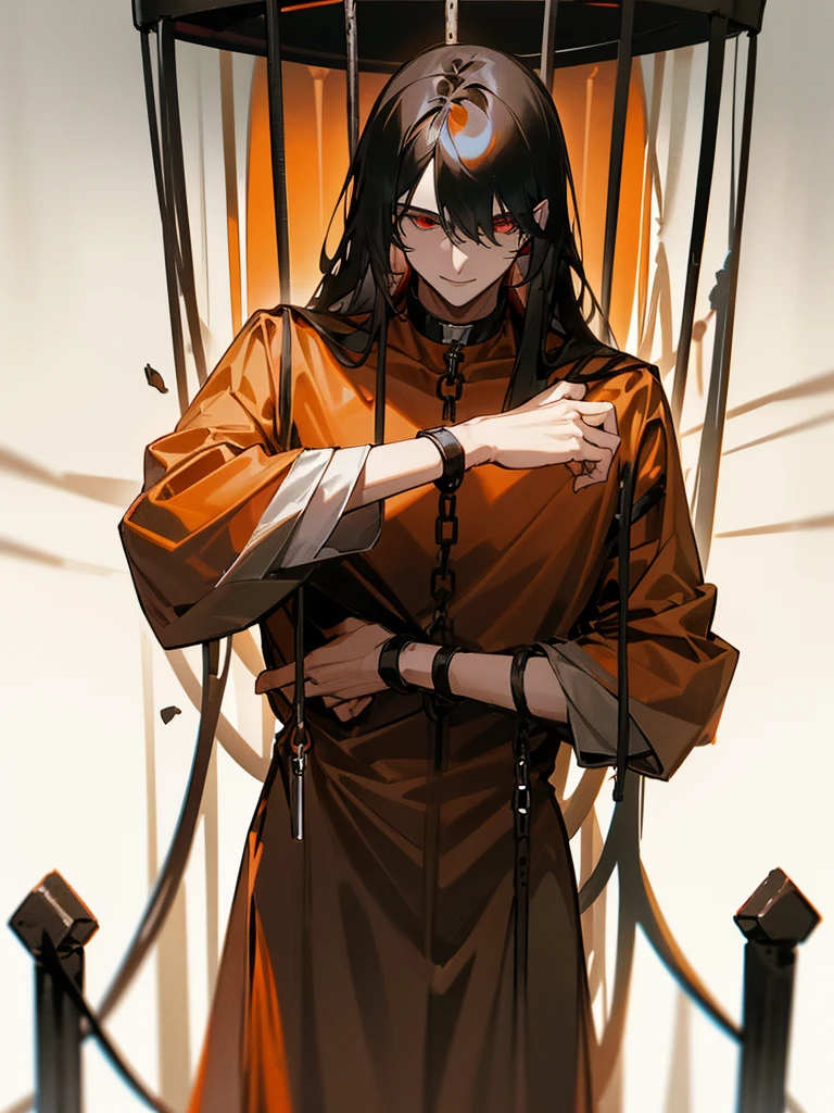 a man, Black long straight hair, dark red eyes, Slender and tall, prisoner, Perfect male body, Looking at the camera, (Orange prison uniform, Hold your arms tight, Smile, cell), portrait, Dramatic shadows, Prisoner, Chained, Cage