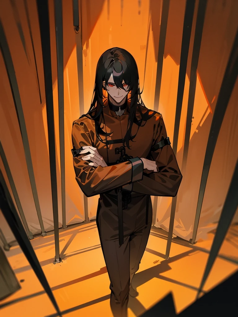 a man, Black long straight hair, dark red eyes, Slender and tall, prisoner, Perfect male body, Looking at the camera, (Orange prison uniform, Hold your arms tight, Smile, cell), portrait, Dramatic shadows, Prisoner, Chained, Cage