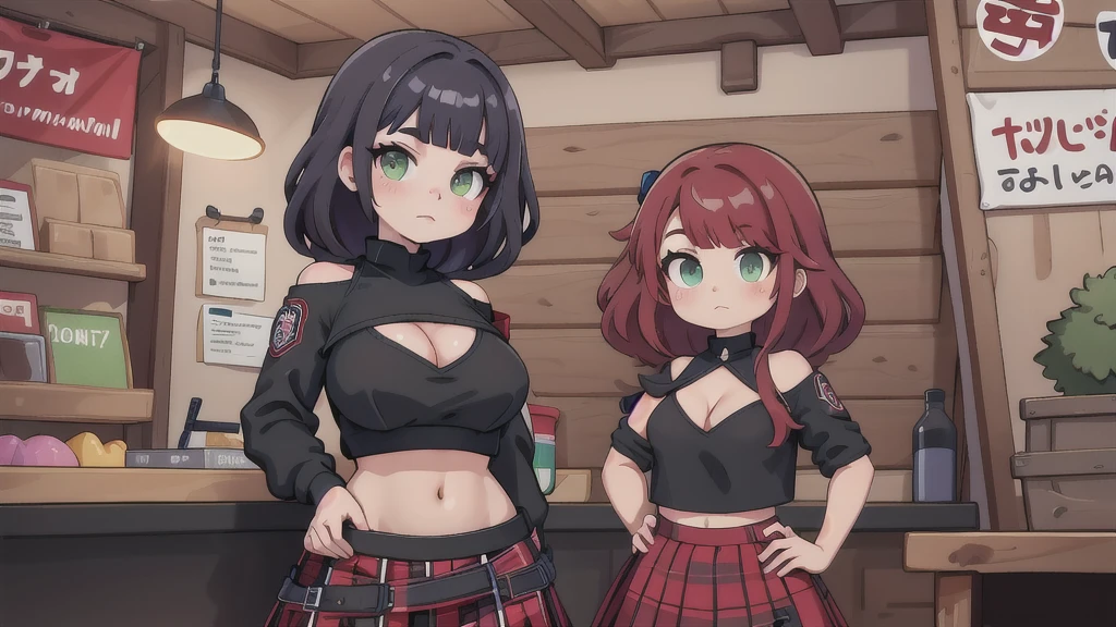 woman, curly red pixie cut hair, green eyes, wearing crop top black shirt, long black jacket, red plaid skirt, black fingerless gloves, exposed shoulders, large breasts freckles, cleavage, abs, looking at viewer, masterpiece, best quality, Holo-Punk Style