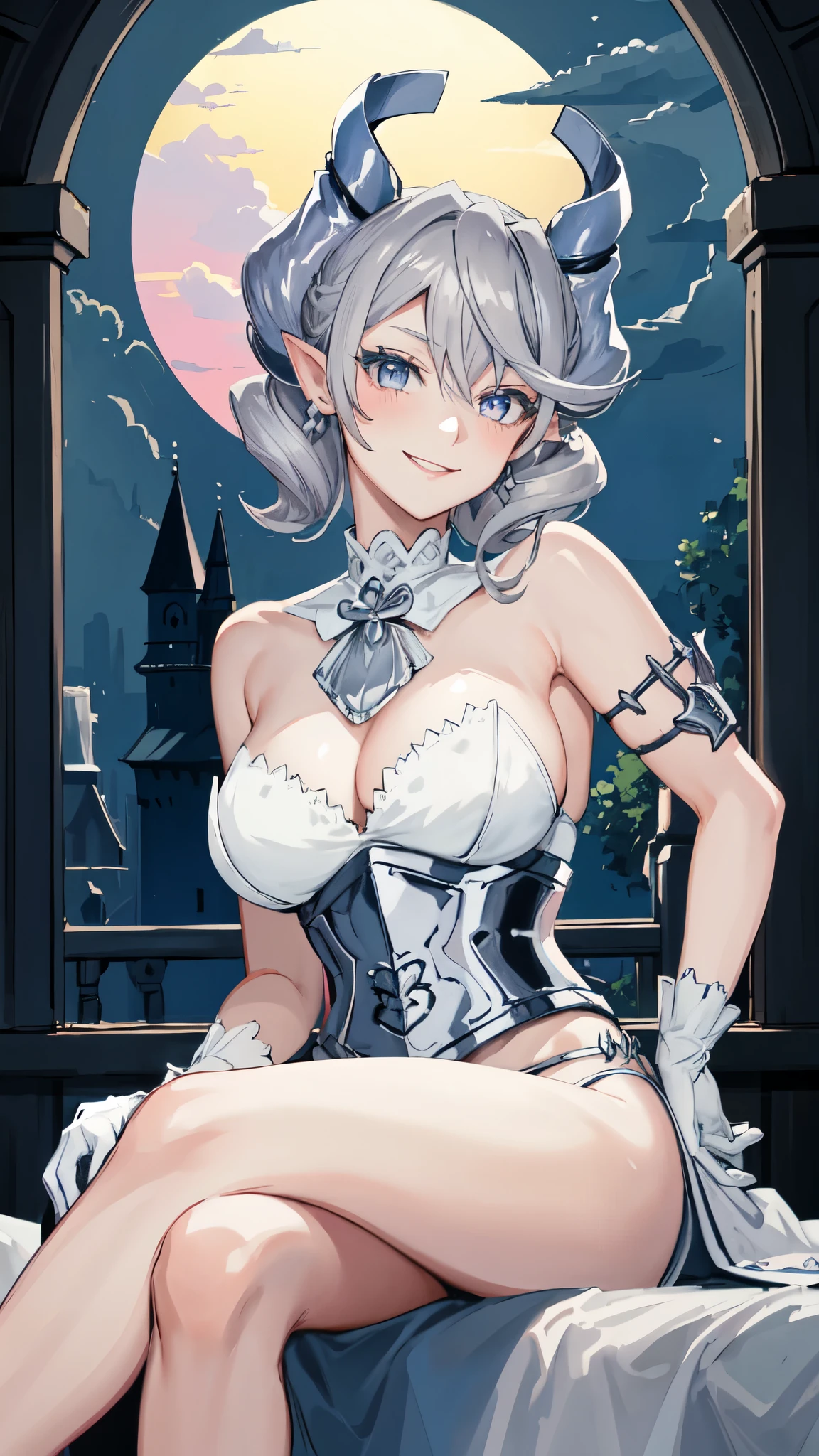 Beautiful arts wallpaper Sunset Outside castle top High level image quality best image quality 8K adult woman silver castle outside more colors whole body view portrait bikini blue horn ears short hair((shortcut)(gray hair)(perm)(fluffy)) eye color is blue , , attractive evil face , smile , heroic stance , labrynth , barearm ,gloves , wearing pink , sitting ,
