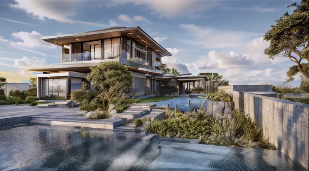 a modern house, grass fence, lawn, dark gray and coated wall material, Thai roof, strong modern style, blue sky, warm yellow light from inside, daylight day, feeling youthful