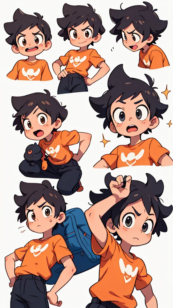 boy , Different emotions, comic-book style, smooth lines, orange short sleeve shirt, short black hair, style cartoon, expressive expression, White background, animated cartoon, dynamic poses, precise details, 2D style, ultra detaild, 8k comic