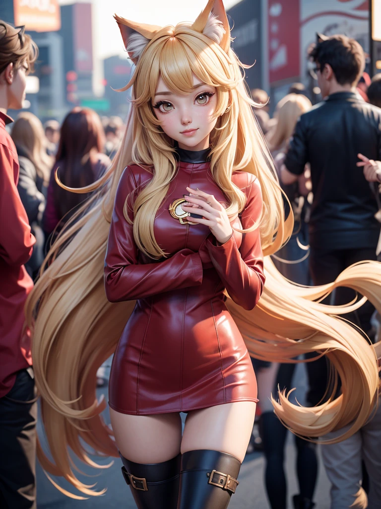 a woman in a long red shirt and thigh high boots standing in front of a crowd, asymetrical outfit, beautiful anime catgirl, anime girl with long hair, anime girl, an anime girl, (anime girl), cute anime catgirl, anime catgirl, beautiful anime girl, holo if a wolf girl, holo is a wolf girl, cute anime girl, blonde anime girl with long hair