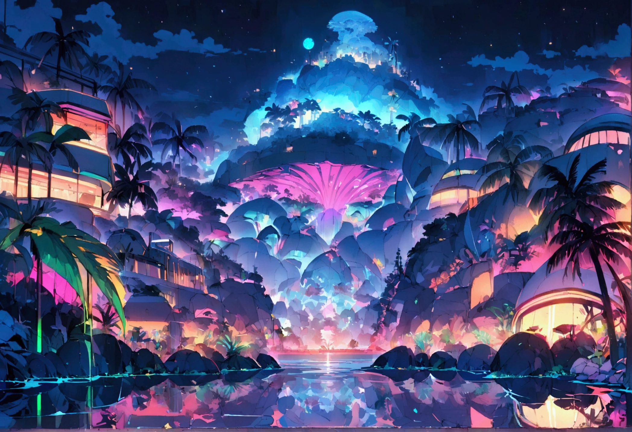 A tropical island filled with (Neon glow, bio mechanical animals), the fruits on the trees are bioluminescent, island at night lit by the animals and fruirs, view along coast