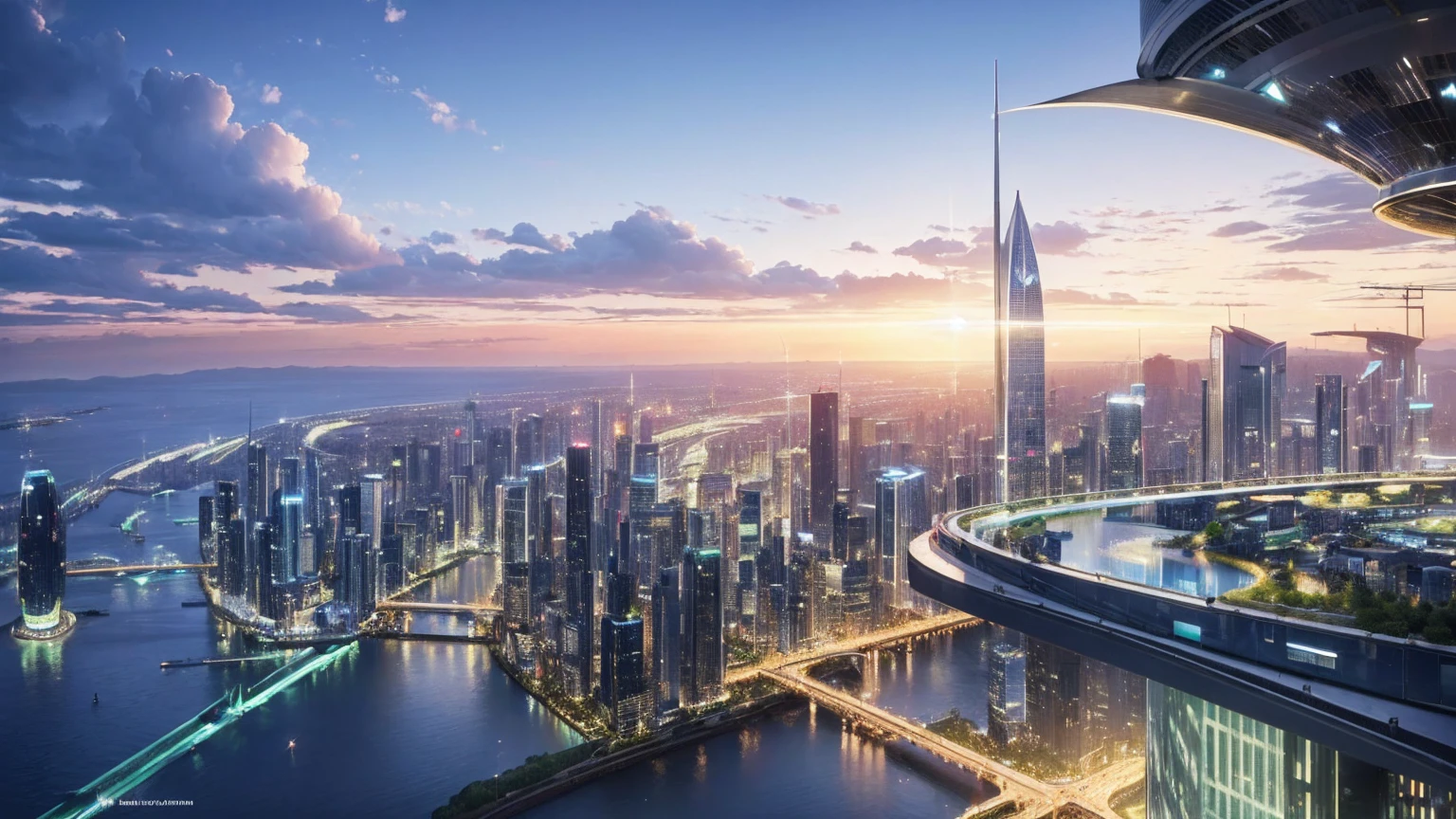 (Best quality,4K,8K,A high resolution,Masterpiece:1.2),Ultra-detailed,(Realistic,Photorealistic,photo-realistic:1.37),Futuristic floating city,Futuristic technology,Huge urban high-tech tablet platform,Airship,Floating in the sky,Futuristic city,Small airships around,High-tech hemispherical platform,Colorful lights,Advanced architecture,modernn architecture,skyscrapper,Access the cloud,Scenic beauty,view over city,Impressive design,Blend seamlessly with nature,energetic and vibrant atmosphere,Futuristic transportation system,Parking is suspended,Transparent path,Lush greenery,Sky gardens,cascading waterfalls,Magnificent skyline,reflections on the water,Sparkling river,Architectural innovation,futuristic skyscrapers,Transparent dome,The shape of the building is unusual,Elevated walkway,Impressive skyline,Glowing lights,Futuristic technology,Minimalist design,Scenic spots,Panoramic view,Cloud Piercing Tower,Vibrant colors,epic sunrise,epic sunset,Dazzling light display,magical ambiance,The future city,Urban Utopia,LuxuryLifestyle,Innovative energy,sustainable development,Smart city technology,Advanced infrastructure,Tranquil atmosphere,Nature and technology live in harmony,Awesome cityscape,Unprecedented urban planning,Architecture connects seamlessly with nature,High-tech metropolis,A cutting-edge engineering marvel,The future of urban living,Visionary architectural concept,Energy-efficient buildings,Harmony with the environment,A city floating above the clouds,Utopian dreams become reality,The possibilities are endless,State-of-the-art transportation network,Green energy integration,Innovative materials,Impressive holographic display,Advanced communication system,Breathtaking aerial view,Quiet and peaceful environment,Modernist aesthetics,Ethereal beauty