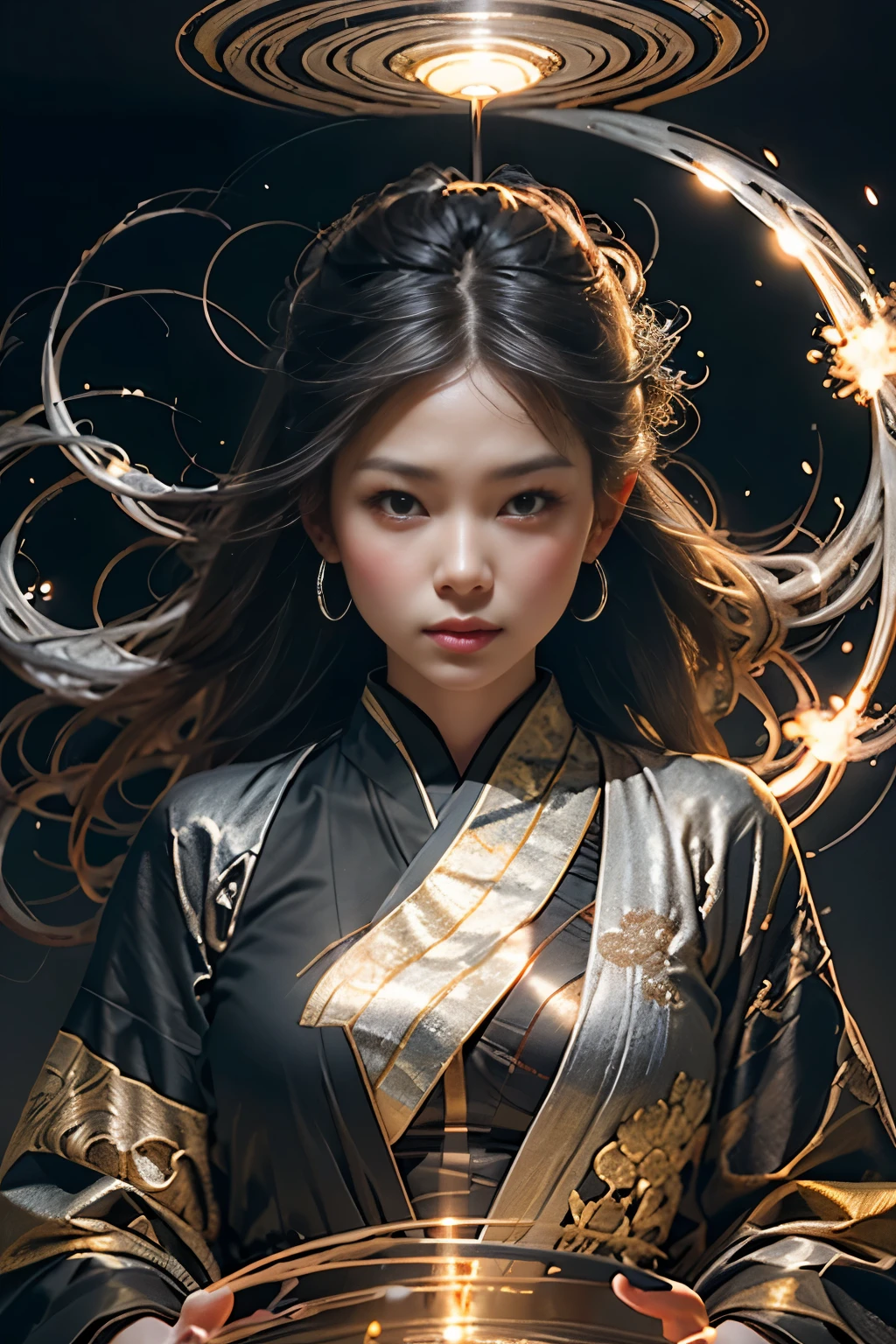 best quality,masterpiece,Ultra-high resolution,solitary,1 girl, ,roujinzhi,Chinese Zen style,impactful picture,translucent and glowing metallic patterns,(Glowing metal objects hover in the air,Surround him:1.2),(Electric arcs and sparks:1.2),(Energy Flow:1.2),(Transparent magnetic field lines:1.2),(Kaneko, Silver and glittering light effects:1.2),