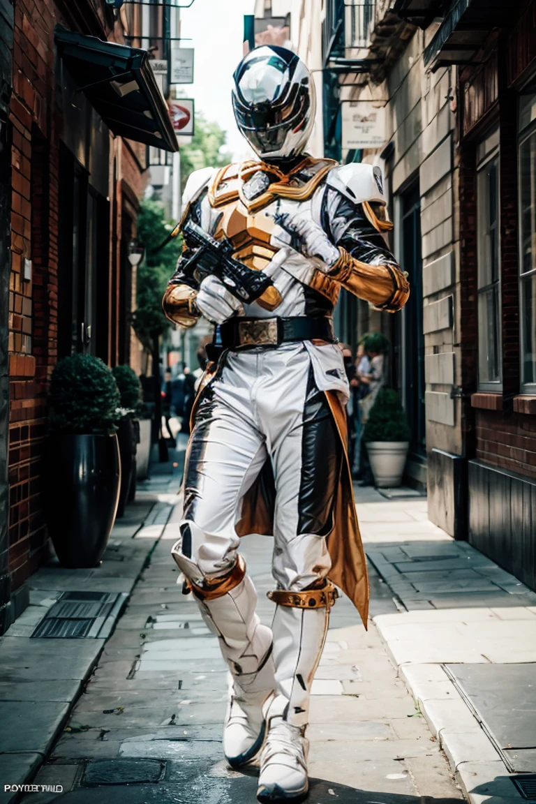 1boy, white, full body, Illustration, cinematic light, high resolution, best quality, ultra detailed, masterpiece, power suit, powerranger, suit, spd, (silver royal guard ranger suit), gold detail, holding white pistol,