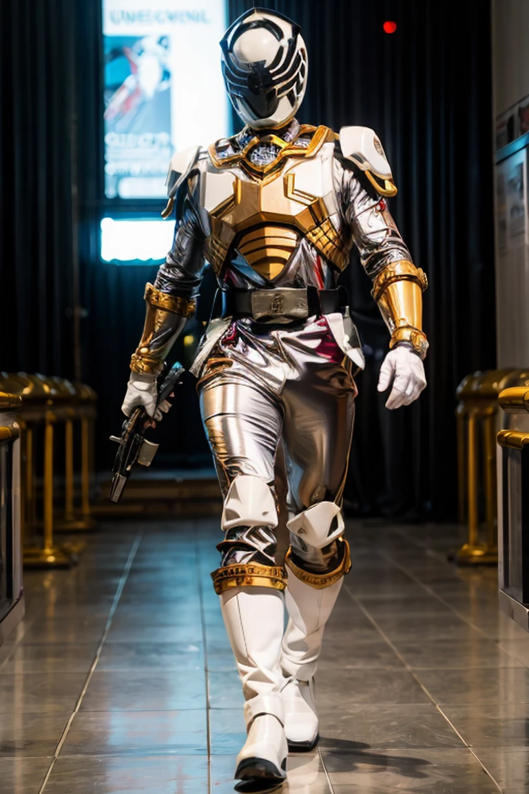 1boy, white, full body, Illustration, cinematic light, high resolution, best quality, ultra detailed, masterpiece, power suit, powerranger, suit, spd, (silver royal guard ranger suit), gold detail, holding white pistol,