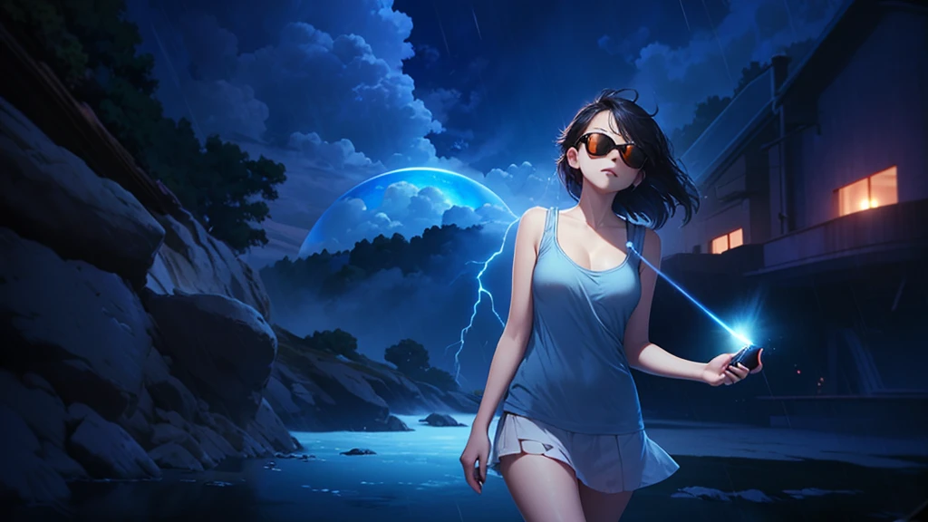 masterpiece, background with ((Fantastic Great Storm, lightning bolt, lightning, plural, very heavy rain)), Depth ((Planets that glow blue)). (((1girl, solo, alone))), large-breast:1.2 slim body, cleavage:1.1, sexy miniskirt, (((headphone, black sunglasses, standing and holding pistol pose))), (((half-body thigh level medium shot))), cinematic lighting, lens flare, ray tracing.