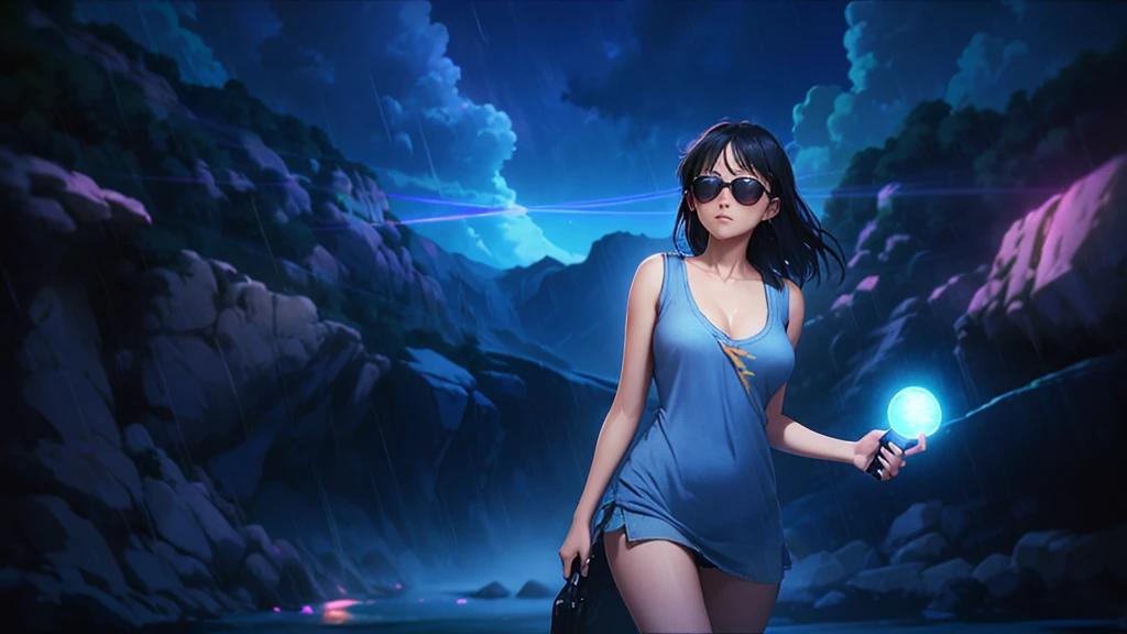 ​masterpiece, background with ((Fantastic Great Storm, lightning bolt, lightning, plural, very heavy rain)), Depth ((Planets that glow blue)). (((1girl, solo, alone))), large-breast:1.2 slim body, cleavage:1.1, sexy miniskirt, (((headphone, black sunglasses, standing and holding pistol pose))), (((half-body thigh level medium shot))), cinematic lighting, lens flare, ray tracing.