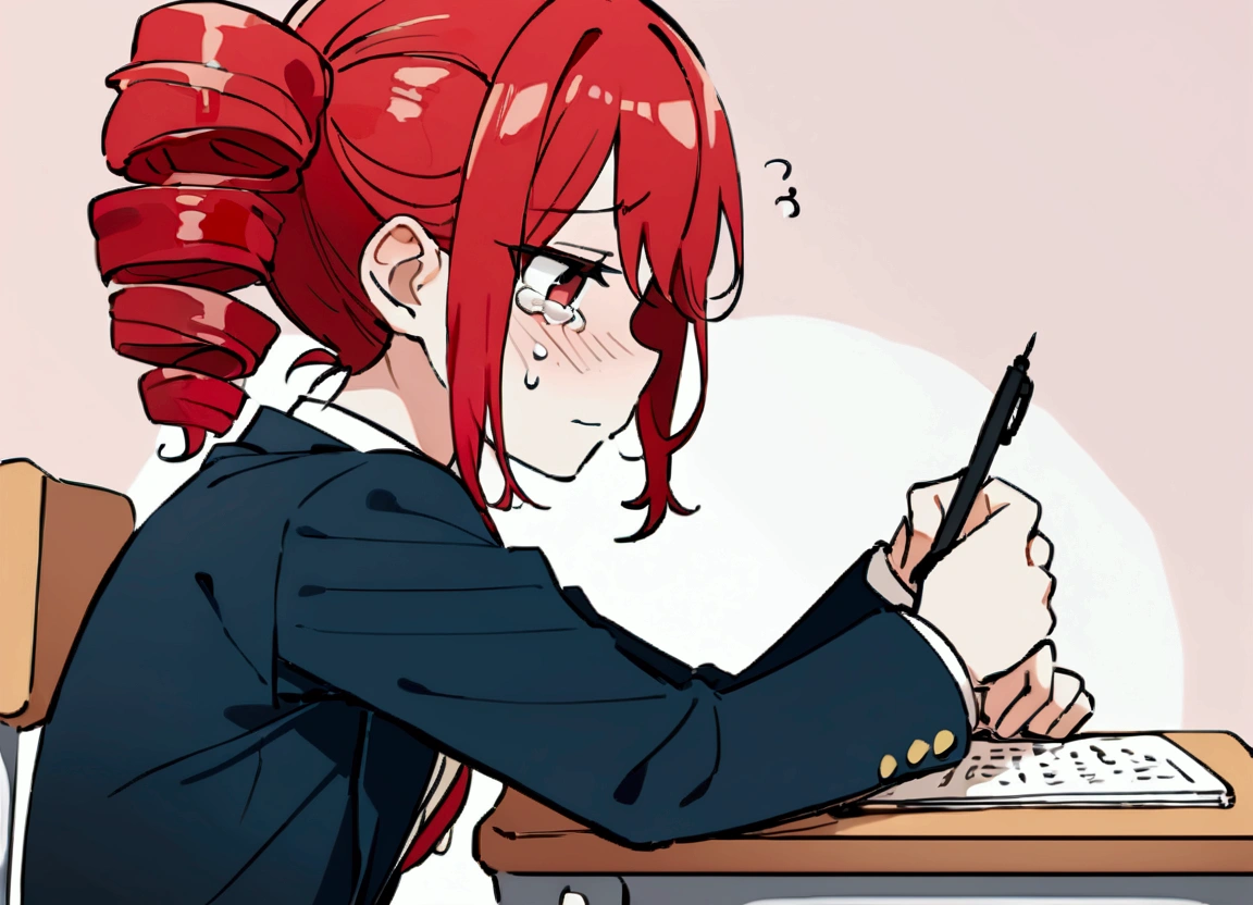 Girl, red hair, school blazer, crying, sitting at desk, taking written test, holding pen