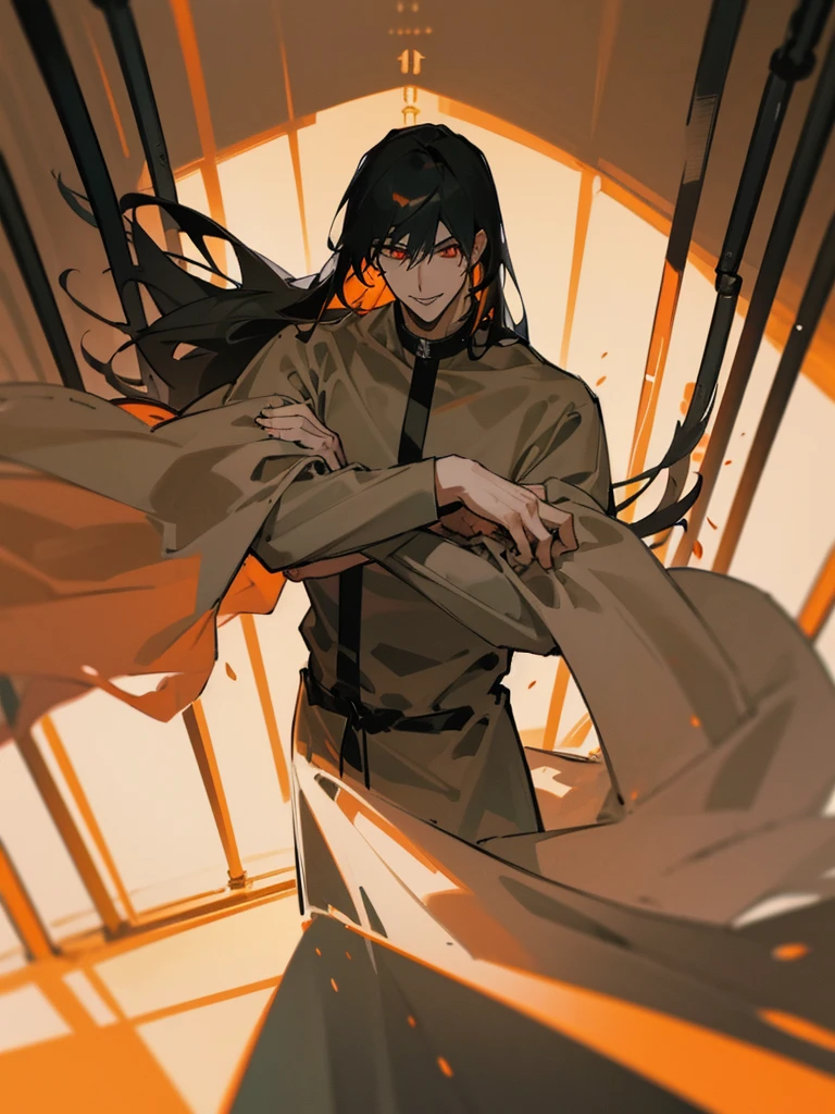 a man, Black long straight hair, dark red eyes, Slender and tall, prisoner, Perfect male body, Looking at the camera, (Orange prison uniform, Hold your arms tight, Smile, cell), portrait, Dramatic shadows, Prisoner, Chained, Cage