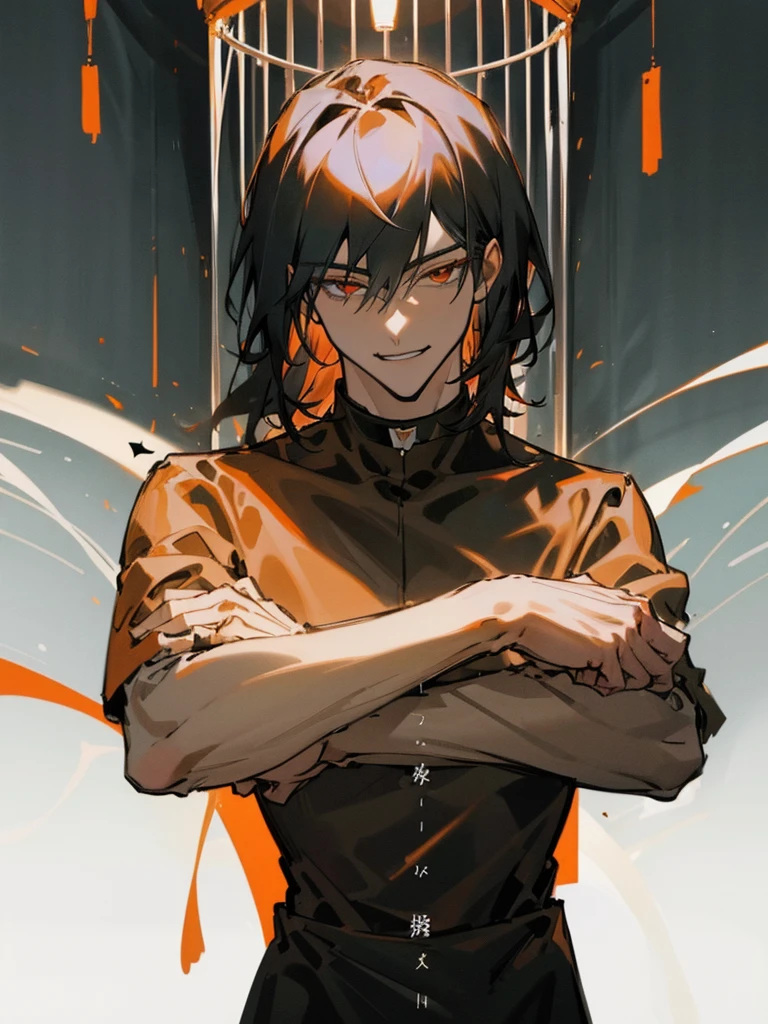 a man, Black long straight hair, dark red eyes, Slender and tall, prisoner, Perfect male body, Looking at the camera, (Orange prison uniform, Hold your arms tight, Smile, cell), portrait, Dramatic shadows, Prisoner, Chained, Cage