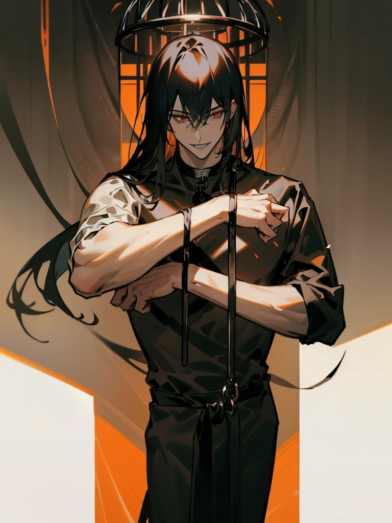 a man, Black long straight hair, dark red eyes, Slender and tall, prisoner, Perfect male body, Looking at the camera, (Orange prison uniform, Hold your arms tight, Smile, cell), portrait, Dramatic shadows, Prisoner, Chained, Cage