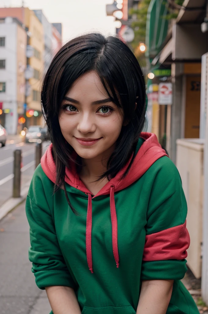 a female anime character, black hair , wearing a red hoodie with a green crest, blushing with pink eyes with red gradations with a shy smile