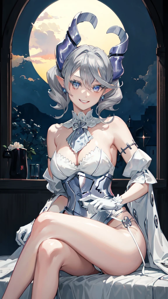 Beautiful arts wallpaper Sunset Outside castle top High level image quality best image quality 8K adult woman silver castle outside more colors whole body view portrait bikini blue horn ears short hair((shortcut)(gray hair)(perm)(fluffy)) eye color is blue , , attractive evil face , smile , heroic stance , labrynth , barearm ,gloves , wearing pink , sitting ,