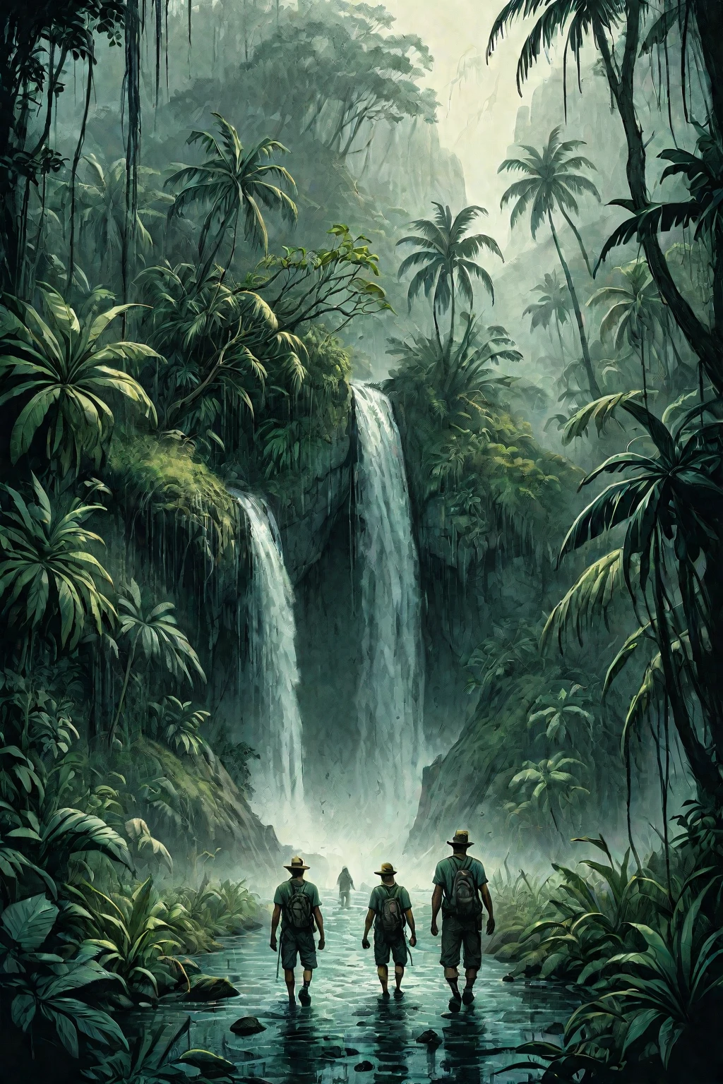 mysterious island, cinematic, image within image, multiple exposure, showcase island, over the shoulder, traversing path, tropical, rewilding, entropy, gritty, noir, 1990s, hand drawn, realism, traveling through jungle, waterfall, sense of adventure and danger, rough expressive sketch style,