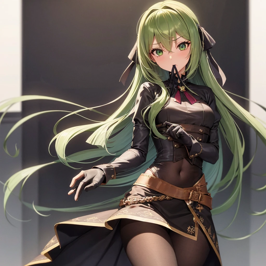 One girl, alone, Long Hair, chest, View your viewers, bangs, skirt, gloves, Long sleeve, ribbon, Hair between the eyes, Mouth closed, Green Eyes, hair ribbon, pantyhose, Cowboy Shot, hair band, , Green Hair, black gloves, see-through skirt, leotard, black leotard, brown pantyhose