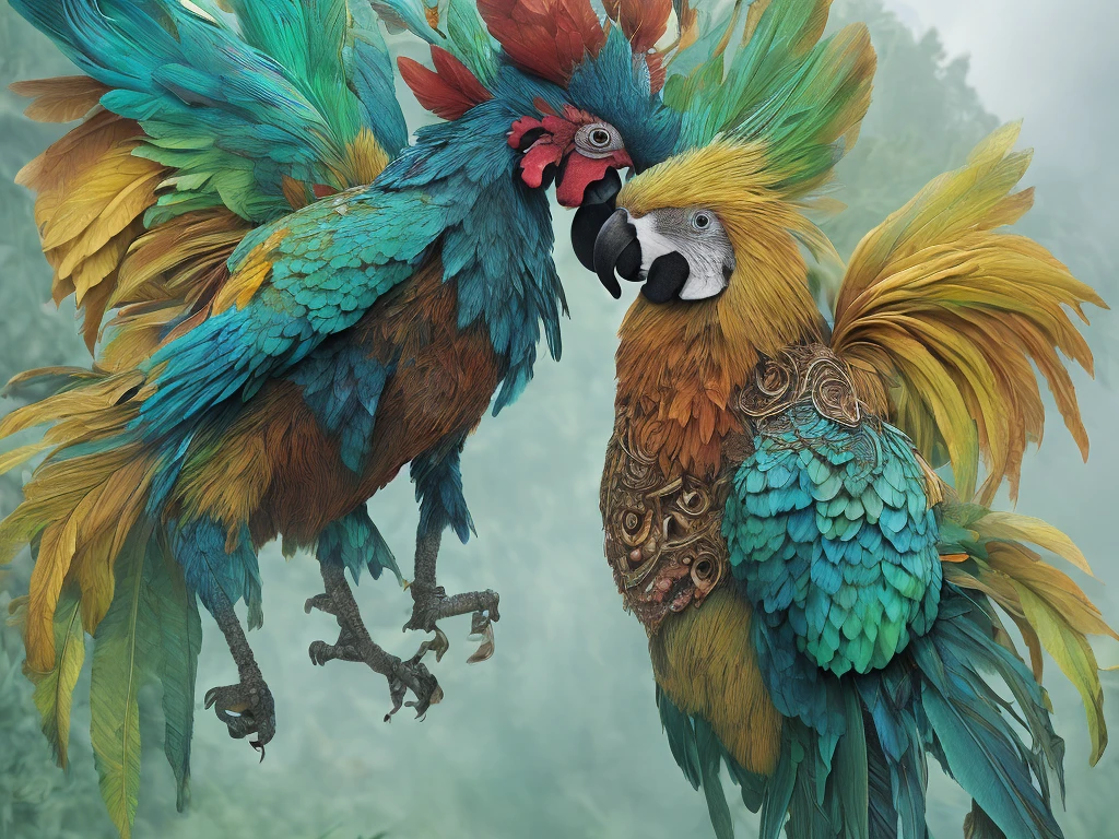 Create a detailed illustration of a humanoid warrior with the body of a parrot. The character should retain the regal and mystical elements from the original rooster design, such as intricate armor, a staff with a glowing orb, and a powerful stance. The parrot's feathers should be vividly colored, with a mix of blues, greens, and yellows, reflecting the natural brilliance of a parrot. The armor should be adapted to fit the parrot's physique, incorporating feather motifs and a more tropical aesthetic. The setting should remain mysterious and ancient, with stone ruins and a foggy atmosphere in the background.
