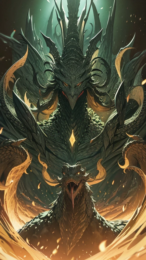 Create a detailed illustration of the Hydra of Lerna, the legendary creature of Greek mythology. The scene must be set in a dark, misty swamp at night. The Hydra must have nine serpentine heads, each with glowing, menacing eyes that emanate an evil light. Heads must have open jaws, displaying rows of sharp teeth, with forked tongues projecting outwards.The Hydra&#39;s body must be scaly and covered in a slimy substance, with a color that varies from dark green to black, reflecting moonlight in some areas. The creature must have sharp claws on its front paws., embedded in the marshy soil, showing your strength and ferocity.In the background of the scene, include gnarled trees and fallen leaves, creating a dense and suffocating atmosphere. among the trees, shadows of other creatures can be glimpsed, increasing the sense of danger and mystery. The water in the swamp must be murky and reflect the Hydra&#39;s heads in a distorted way.Add light and shadow effects to highlight the Hydra and create a dramatic contrast with the shadowy background. Use fog and soft lighting to add depth and realism to the scene.