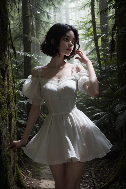 In the heart of a dark forest, an 18 year old girl, extraordinarily beautiful, stood among the shadowy trees. Her short and very curly hair, of pure white, contrasted with the gloom that surrounded her. She had a slim body and a flat bust., but her femininity shone brightly. She was wearing a short yellow Victorian dress, that revealed her pale and perfect legs, adding a touch of color and elegance to the gloomy forest atmosphere. His look, full of mystery and grace, explored the dark corners around him, as if looking for something hidden in the shadows.