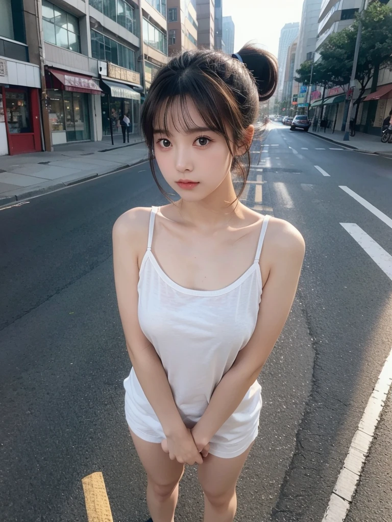 Medium chest, looking at the audience, High resolution, 1 girl aged 15, ponytail、Seductive face、standing on the road