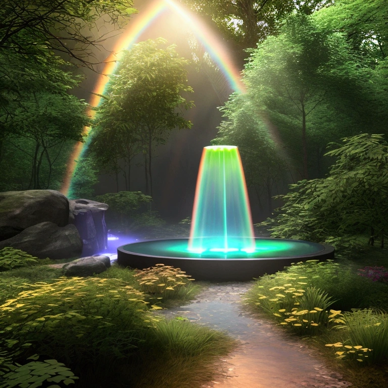 rainbowcolored multiglowing fountain of youth in the deep green forest, from below, rainbowcolored glowing butterflies, cinematic angle, realistic, hyper-realistic, photorealistic, (best quality,4k,8k,highres,masterpiece:1.2),ultra-detailed,(realistic,photorealistic,photo-realistic:1.37),vivid colors,dramatic lighting,