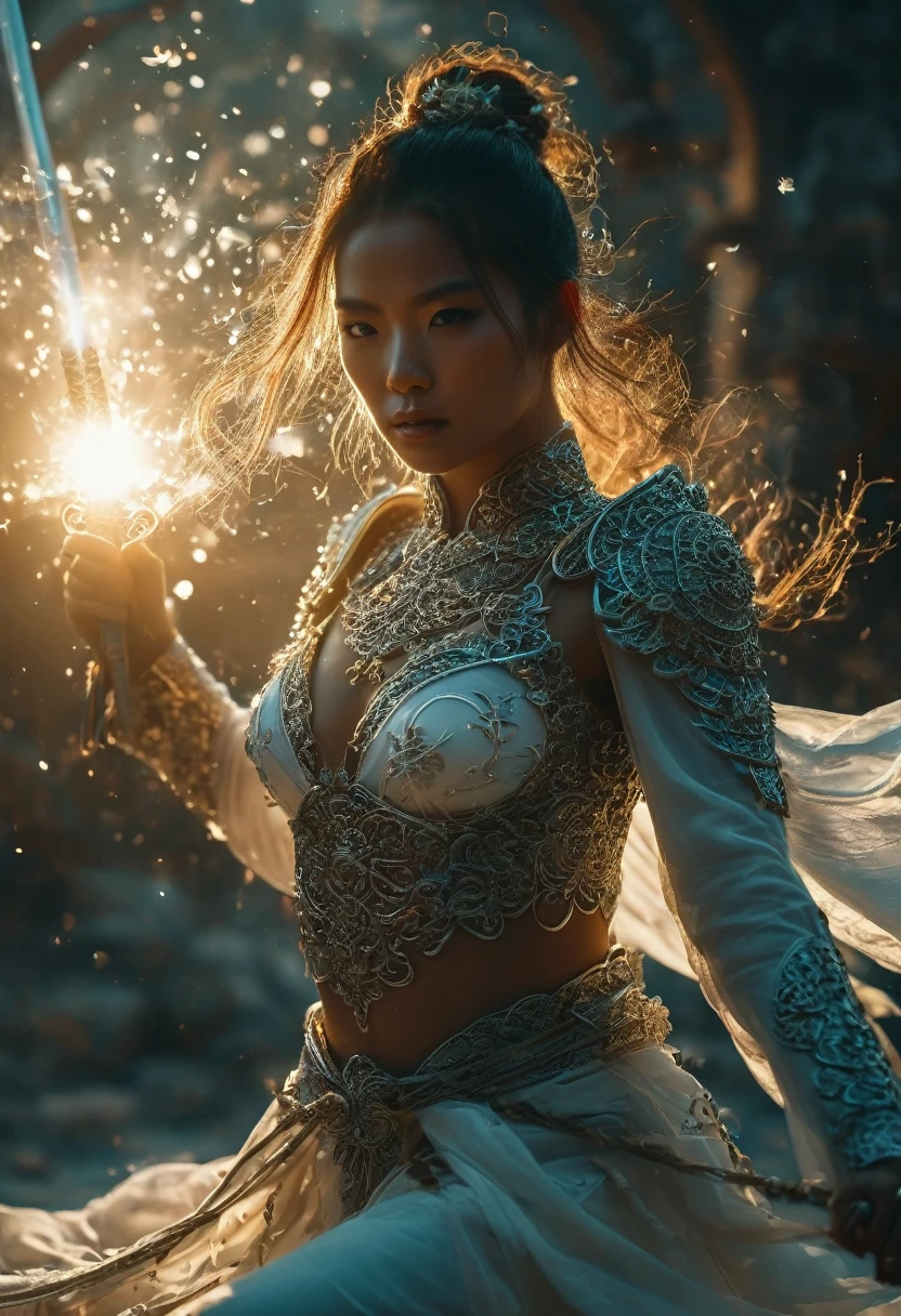 Female swordsman photography，perfect body, Atomic Correct,Raw, Lenses, (Clear focus:1.5), (Reality:1.4), Dusk lighting, Volumetric Lighting, Ultra-high resolution, 16K,Dramatic Lighting, White background：1.5），Glowing sword,(fighting stance),Hold the sword hilt tightly ,Zentangle，Mandala，Tangles，Entanglement：0.7） , Depth of Field, Dreamy atmosphere, The most beautiful form of chaos, grace, Brutalist design dark theme, Flower of Death, Flowers of ecstasy，glowing line,Glow Example，Tracking example，flash， Backlight，translucent，Light Particles，exit，xianxia