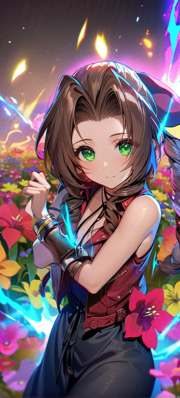 Symetrical,absurdres, highres, ultra detailed, HDR, masterpiece, extremely detailed face and eyes, aerith gainsborough ,final fantasy 7, , , solo, women , beautiful, ,, , beautiful pose scene,colorful flowers effect, colorful lightning effect,glowing glitters, ,colorful flames effect, colorful aura effect, colorful splashing, surrounded by colorful flowers energy