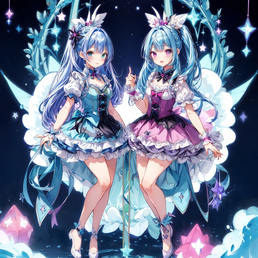 1girl、Star Fairy、Star incarnation、Character design front view、A picture facing the viewer、Cute original black and magenta clothes、(((Super detailed、Highest quality、Masterpiece)))、Original cute hairstyle、Milky white and blue hair color、Simple Green Background、vtuber-fullbody,g0thk1m0n0, 