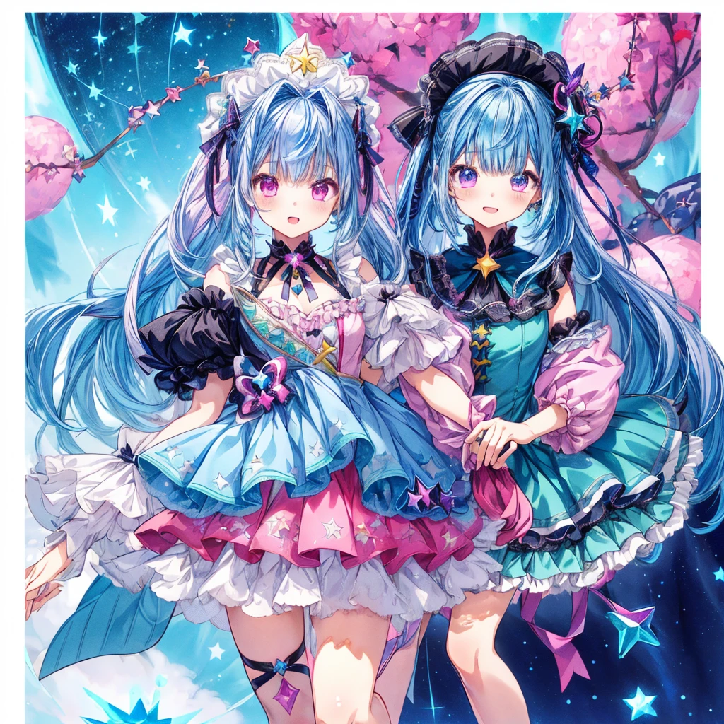 1girl、Star Fairy、Star incarnation、Character design front view、A picture facing the viewer、Cute original black and magenta clothes、(((Super detailed、Highest quality、Masterpiece)))、Original cute hairstyle、Milky white and blue hair color、Simple Green Background、vtuber-fullbody,g0thk1m0n0, 