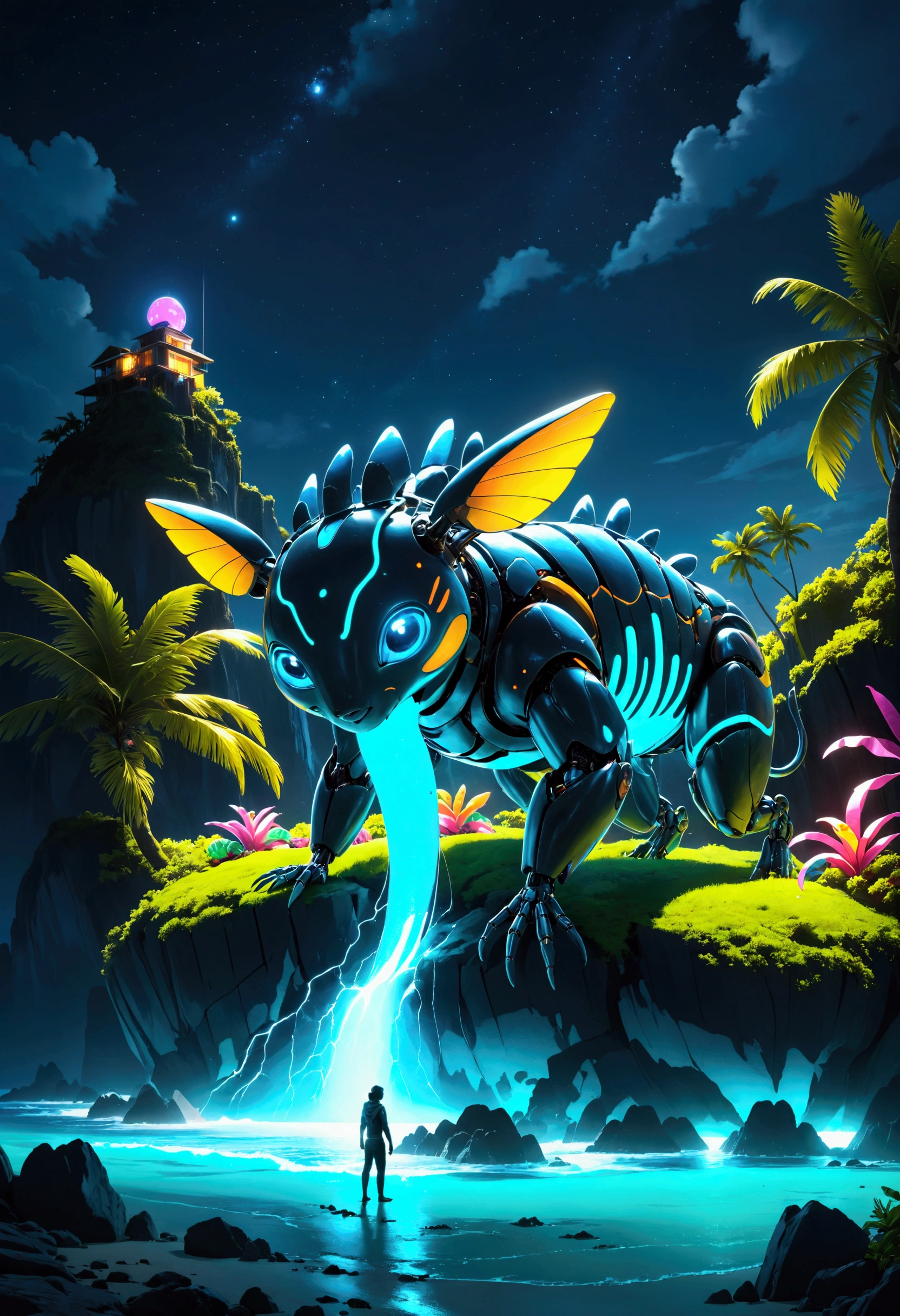 a tropical island, neon glow, bio-mechanical animals, bioluminescent fruits, island at night, coastal view, cinematic lighting, vibrant colors, futuristic, concept art, ultra-detailed, 8k, photorealistic, professional, masterpiece