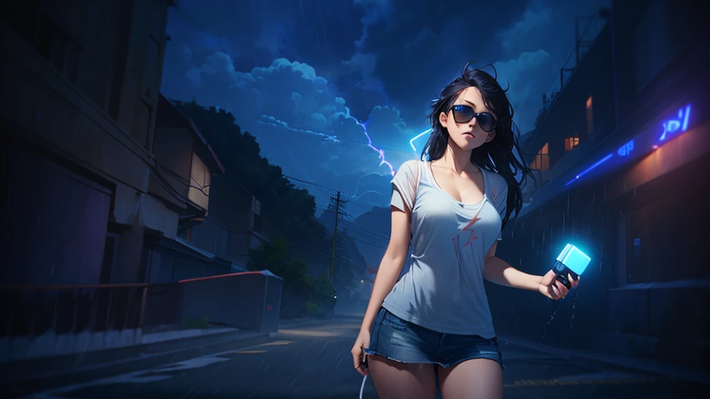 ​masterpiece, background with ((Fantastic Great Storm, lightning bolt, lightning, plural, very heavy rain)), Depth ((Planets that glow blue)). (((1girl, solo, alone))), large-??????:1.2 slim body, cleavage:1.1, ???? miniskirt, (((headphone, black sunglasses, standing and holding pistol pose))), (((half-body thigh level medium shot))), cinematic lighting, lens flare, ray tracing.