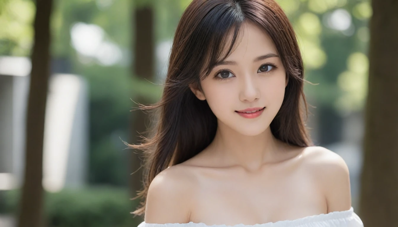 8k, Ultra-high resolution, Highest quality, masterpiece, 三分割法によるphotograph,Surreal, photograph, 1 Girl, (16 years old:1.3), pretty girl, Cute Face, Beautiful eyes in every detail, 細かくdetailedに,masterpiece,One Girl:1.2, Japan Female Announcer,extream close up,smile,Black Hair,Messy hair,street tree,Urban area,Young Wife,healthy,Off the shoulder,Natural Makeup,Beautiful clavicle,Realistic Skin, Perfect and beautiful face ,完璧でCute Face, Skin with attention to detail, Perfect limbs、Narrow waist、Thin legs),Looking at the audience、beauty,Long neck、(((Ideal body type))),A cup small breasts :2,Portraiture:2,Perfect Anatomy,鮮明なdetailed,detailed,Surreal,Light and shadow,dappled sunlight