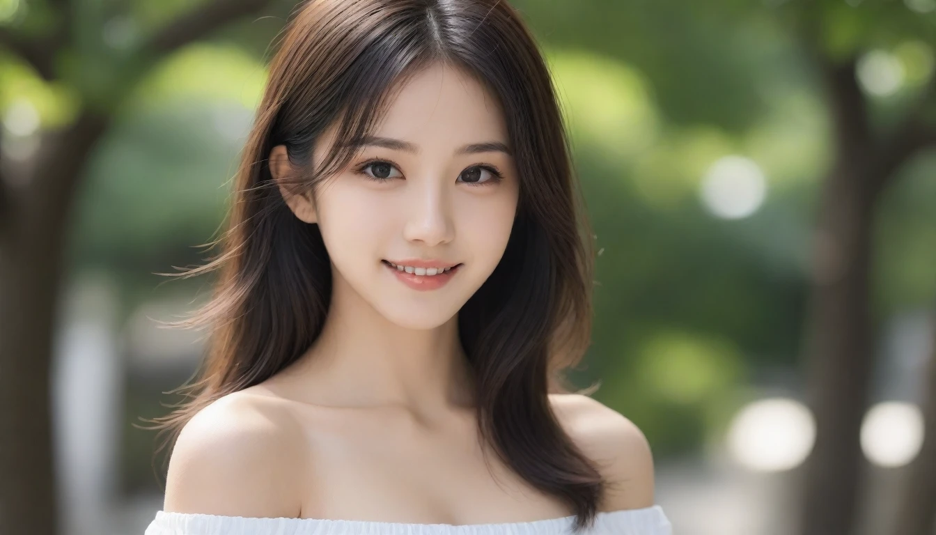 8k, Ultra-high resolution, Highest quality, masterpiece, 三分割法によるphotograph,Surreal, photograph, 1 Girl, (16 years old:1.3), pretty girl, Cute Face, Beautiful eyes in every detail, 細かくdetailedに,masterpiece,One Girl:1.2, Japan Female Announcer,extream close up,smile,Black Hair,Messy hair,street tree,Urban area,Young Wife,healthy,Off the shoulder,Natural Makeup,Beautiful clavicle,Realistic Skin, Perfect and beautiful face ,完璧でCute Face, Skin with attention to detail, Perfect limbs、Narrow waist、Thin legs),Looking at the audience、beauty,Long neck、(((Ideal body type))),A cup small breasts :2,Portraiture:2,Perfect Anatomy,鮮明なdetailed,detailed,Surreal,Light and shadow,dappled sunlight