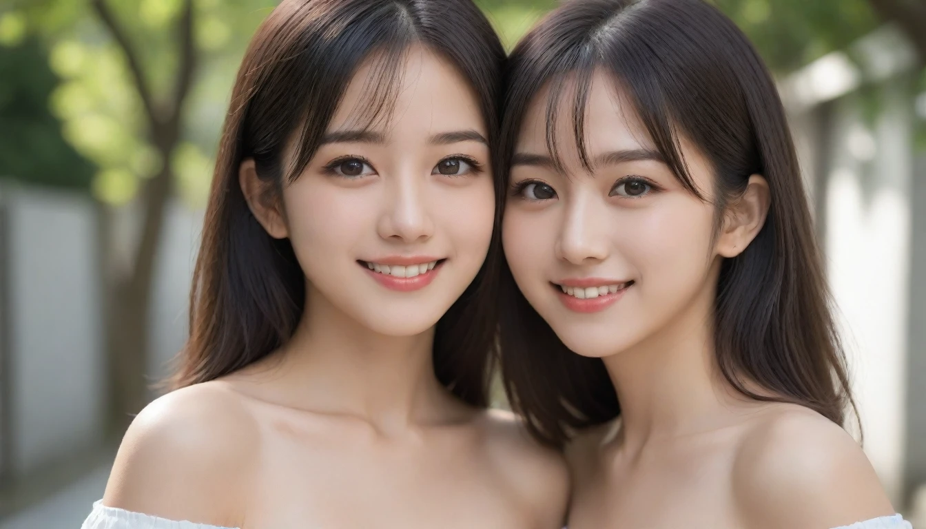 8k, Ultra-high resolution, Highest quality, masterpiece, 三分割法によるphotograph,Surreal, photograph, 1 Girl, (16 years old:1.3), pretty girl, Cute Face, Beautiful eyes in every detail, 細かくdetailedに,masterpiece,One Girl:1.2, Japan Female Announcer,extream close up,smile,Black Hair,Messy hair,street tree,Urban area,Young Wife,healthy,Off the shoulder,Natural Makeup,Beautiful clavicle,Realistic Skin, Perfect and beautiful face ,完璧でCute Face, Skin with attention to detail, Perfect limbs、Narrow waist、Thin legs),Looking at the audience、beauty,Long neck、(((Ideal body type))),A cup small breasts :2,Portraiture:2,Perfect Anatomy,鮮明なdetailed,detailed,Surreal,Light and shadow,dappled sunlight