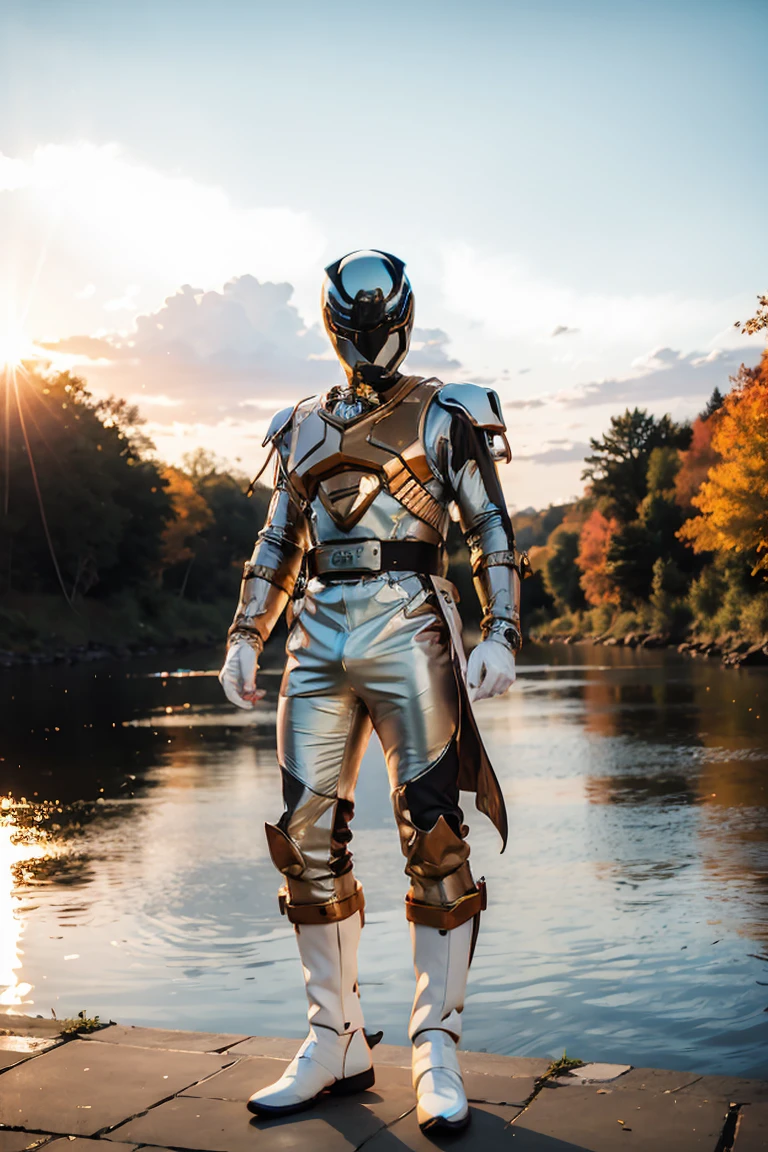 The sunset flies with the lonely geese in the distance, and the autumn river water and the vast sky are connected, icons,1boy, white, full body, Illustration, cinematic light, high resolution, best quality, ultra detailed, masterpiece, power suit, powerranger, suit, spd, (silver royal guard ranger suit), gold detail