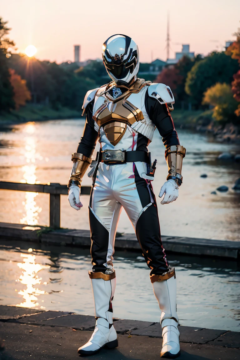 The sunset flies with the lonely geese in the distance, and the autumn river water and the vast sky are connected, icons,1boy, white, full body, Illustration, cinematic light, high resolution, best quality, ultra detailed, masterpiece, power suit, powerranger, suit, spd, (silver royal guard ranger suit), gold detail