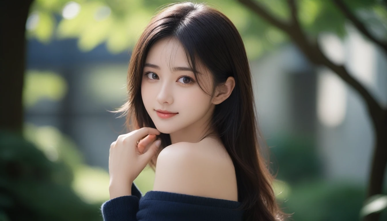 8k, Ultra-high resolution, Highest quality, masterpiece, 三分割法によるphotograph,Surreal, photograph, 1 Girl, (16 years old:1.3), pretty girl, Cute Face, Beautiful eyes in every detail, 細かくdetailedに,masterpiece,One Girl:1.2, Japan Female Announcer,extream close up,smile,Black Hair,Messy hair,street tree,Urban area,Young Wife,healthy,Off the shoulder,Natural Makeup,Beautiful clavicle,Realistic Skin, Perfect and beautiful face ,完璧でCute Face, Skin with attention to detail, Perfect limbs、Narrow waist、Thin legs),Looking at the audience、beauty,Long neck、(((Ideal body type))),A cup small breasts :2,Portraiture:2,Perfect Anatomy,鮮明なdetailed,detailed,Surreal,Light and shadow,dappled sunlight